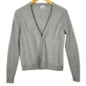 Club Monaco Women 100% Cashmere Cardigan Sweater Sz L Grey Preppy Classic Soft